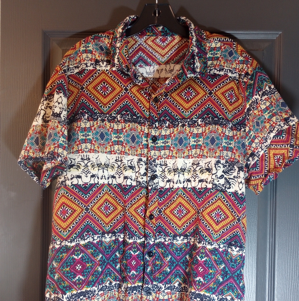 Single Stitch Ethnic Artwork Vtg Button Front Coachella Festival Dopamine Shirt